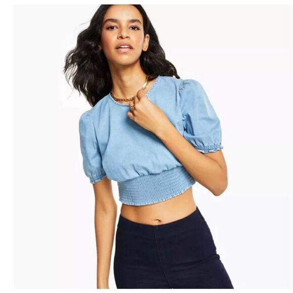 NEW WITH TAGS Bar III Chambray Puff-Sleeve Top WOMEN SIZE SMALL - Picture 1 of 5